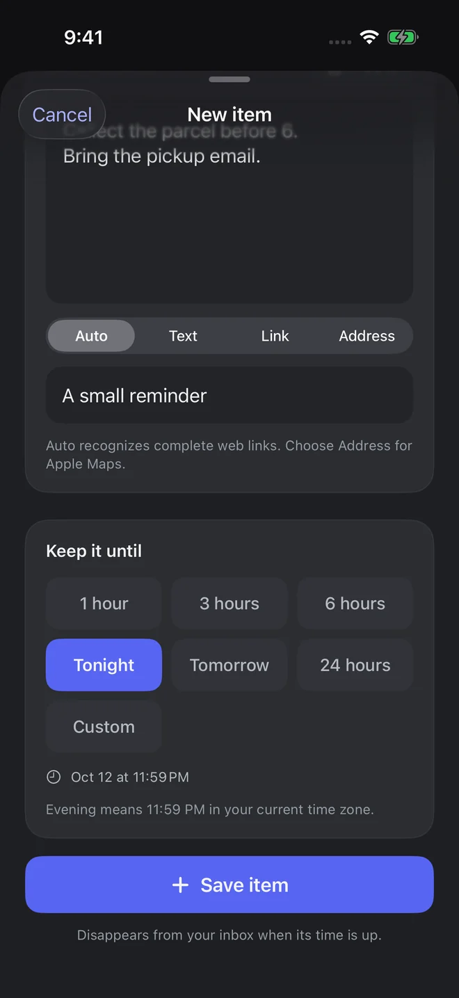 Add Item screen showing a parcel reminder and expiration choices.