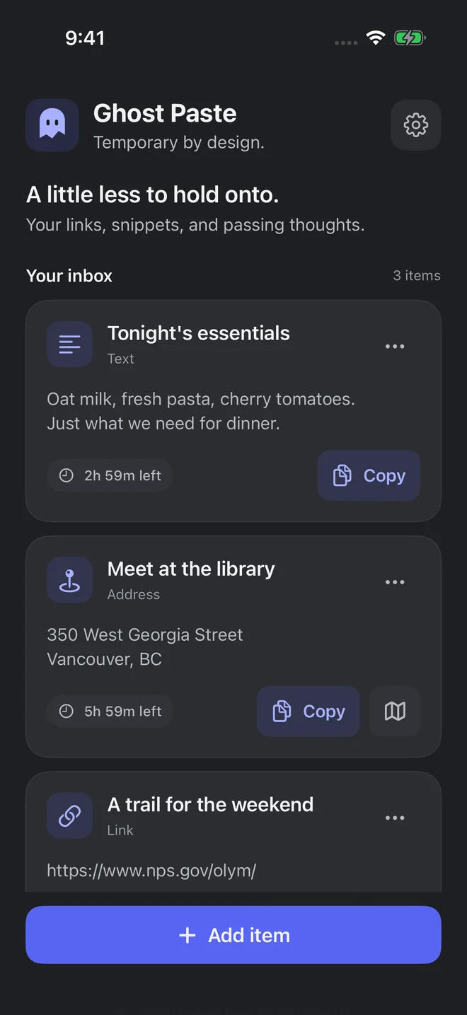 Ghost Paste inbox with a shopping reminder, a library address, and a weekend link, each showing its expiration.