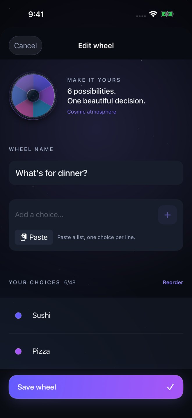 The wheel editor with editable choices and a live preview