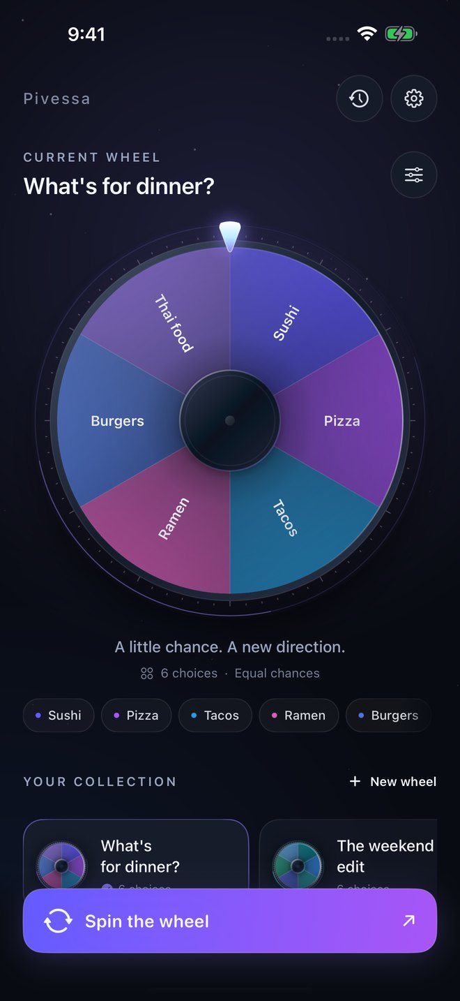 Pivessa's dinner wheel with six choices and a Spin the wheel button