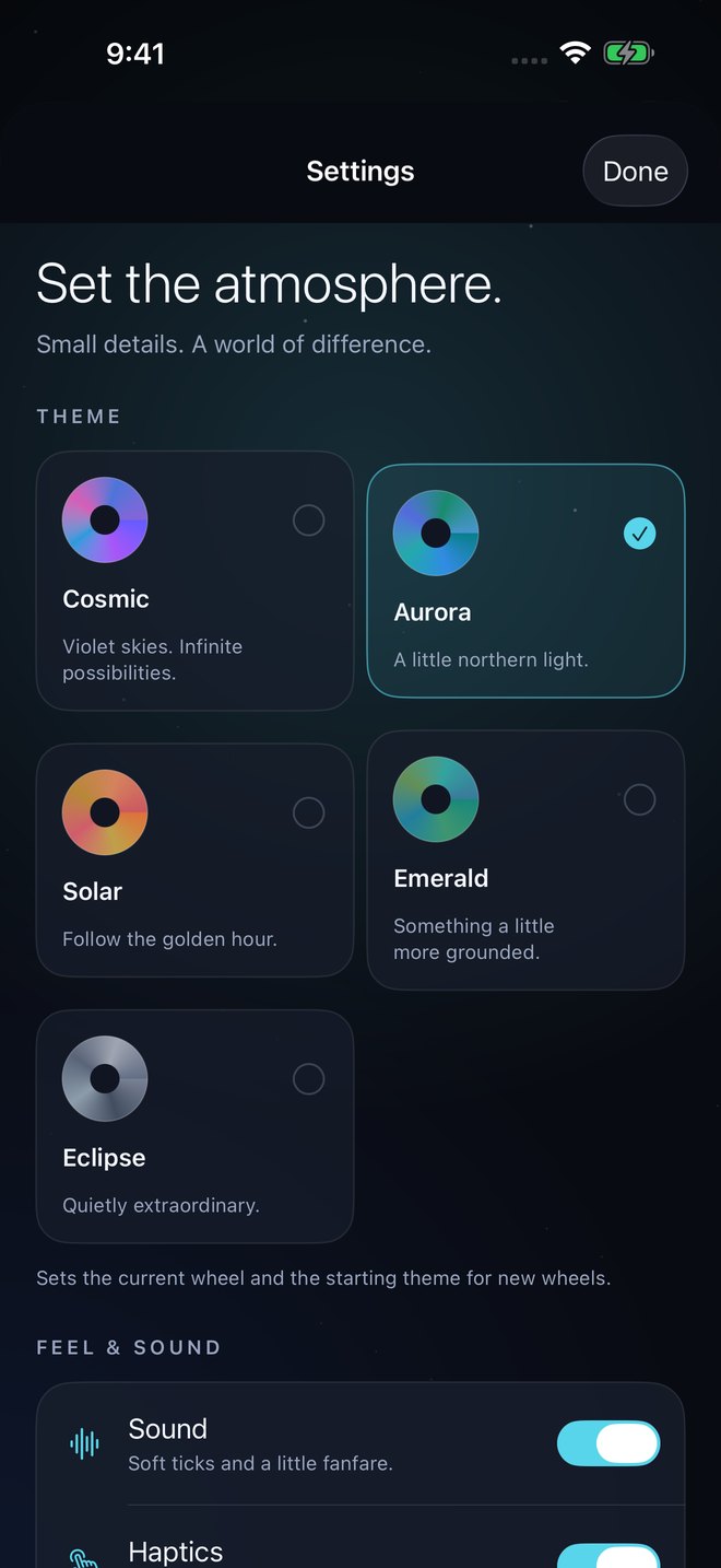 The five Pivessa themes: Cosmic, Aurora, Solar, Emerald, and Eclipse