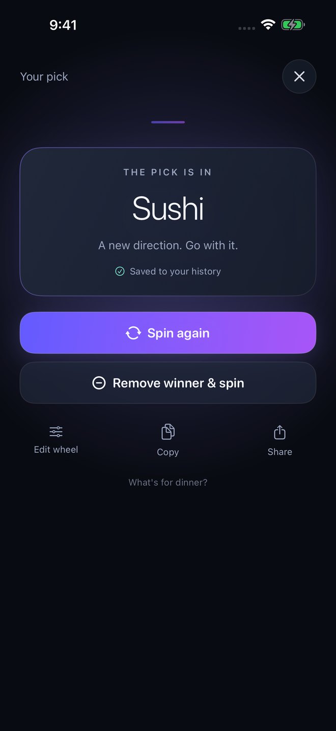 A winning choice revealed with options to spin again, edit, copy, and share
