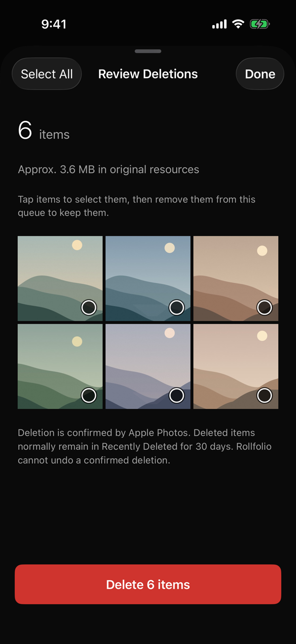 The Review Deletions screen showing queued sample thumbnails and a separate Delete items confirmation button.