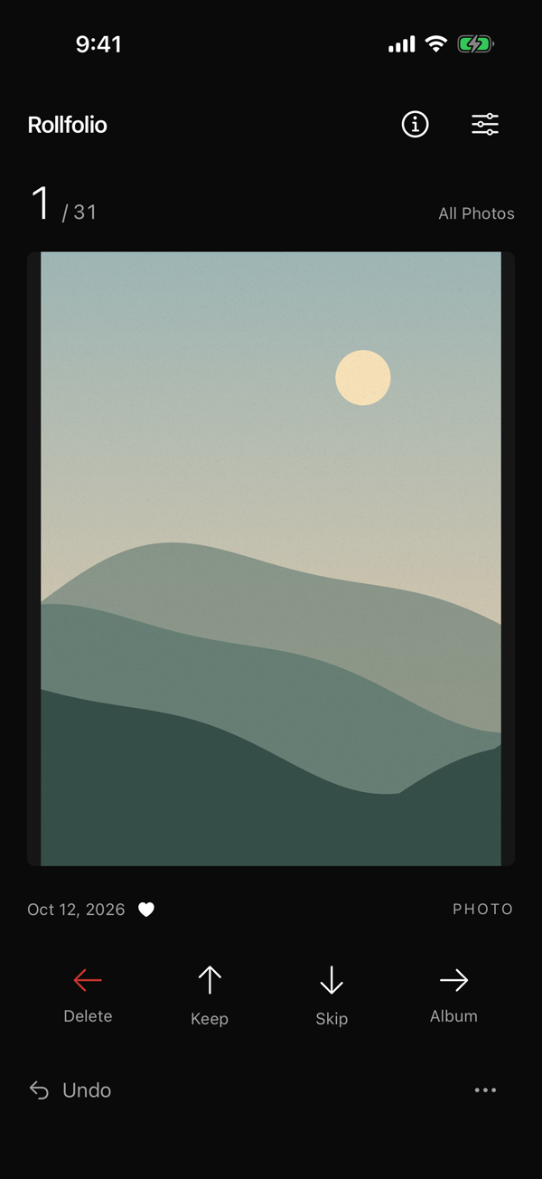 Rollfolio's dark review screen, with one large landscape image and Delete, Keep, Skip, and Album controls.