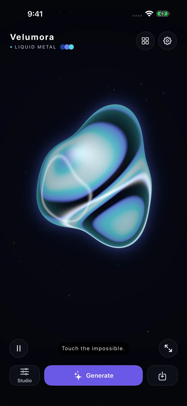Velumora's live Liquid Metal canvas with Studio, Generate and Save controls